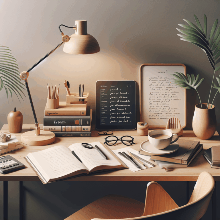 Person studying French language with books and laptop on the table
