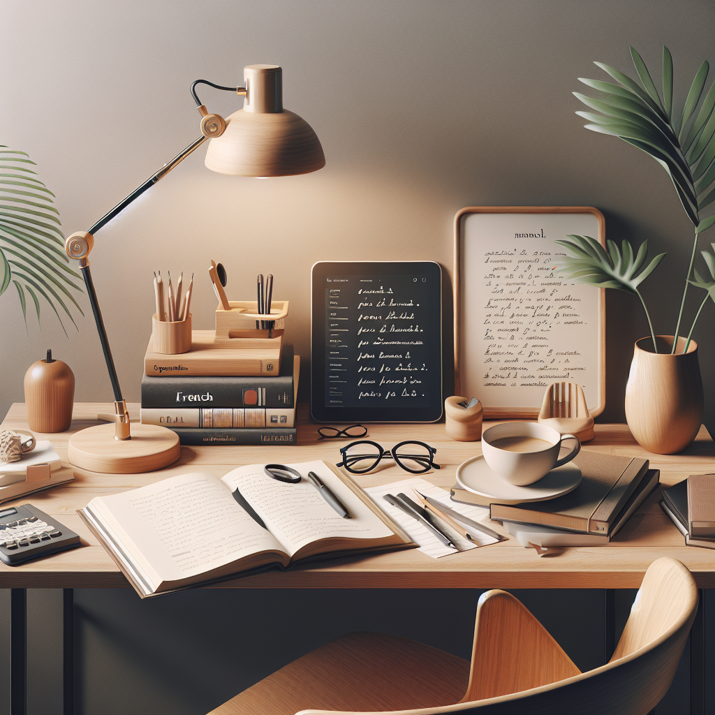 Person studying French language with books and laptop on the table
