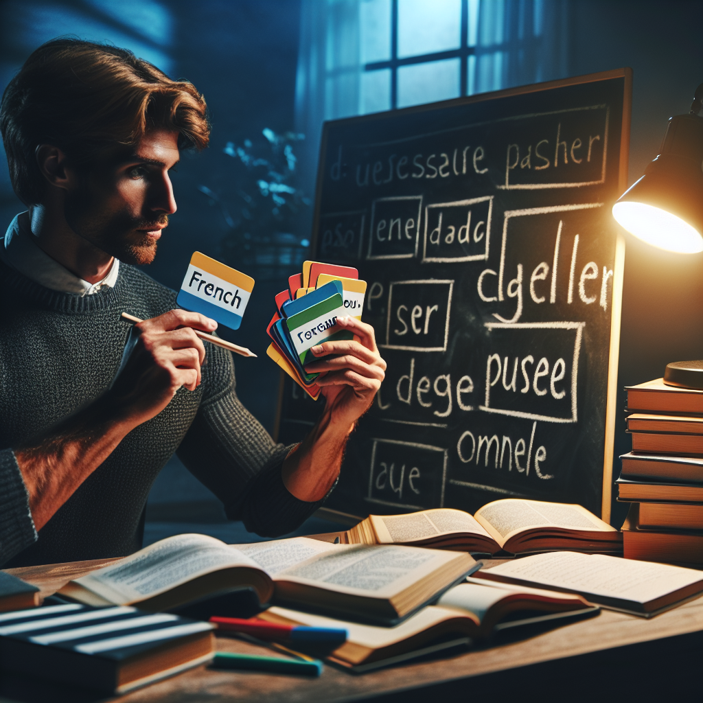 French language learning concept with colorful flashcards and a person writing on a blackboard