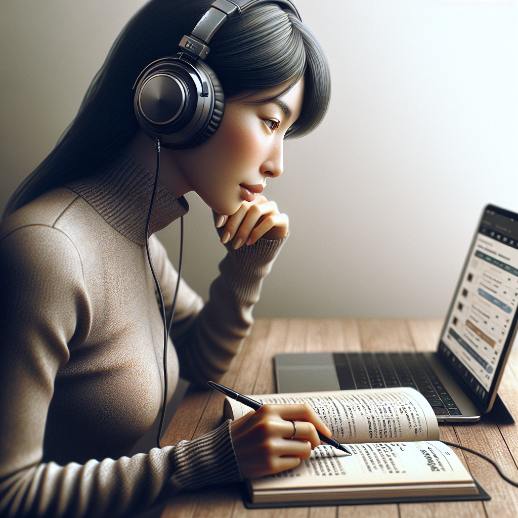 French language learning concept with a person practicing pronunciation with headphones, books, and a laptop