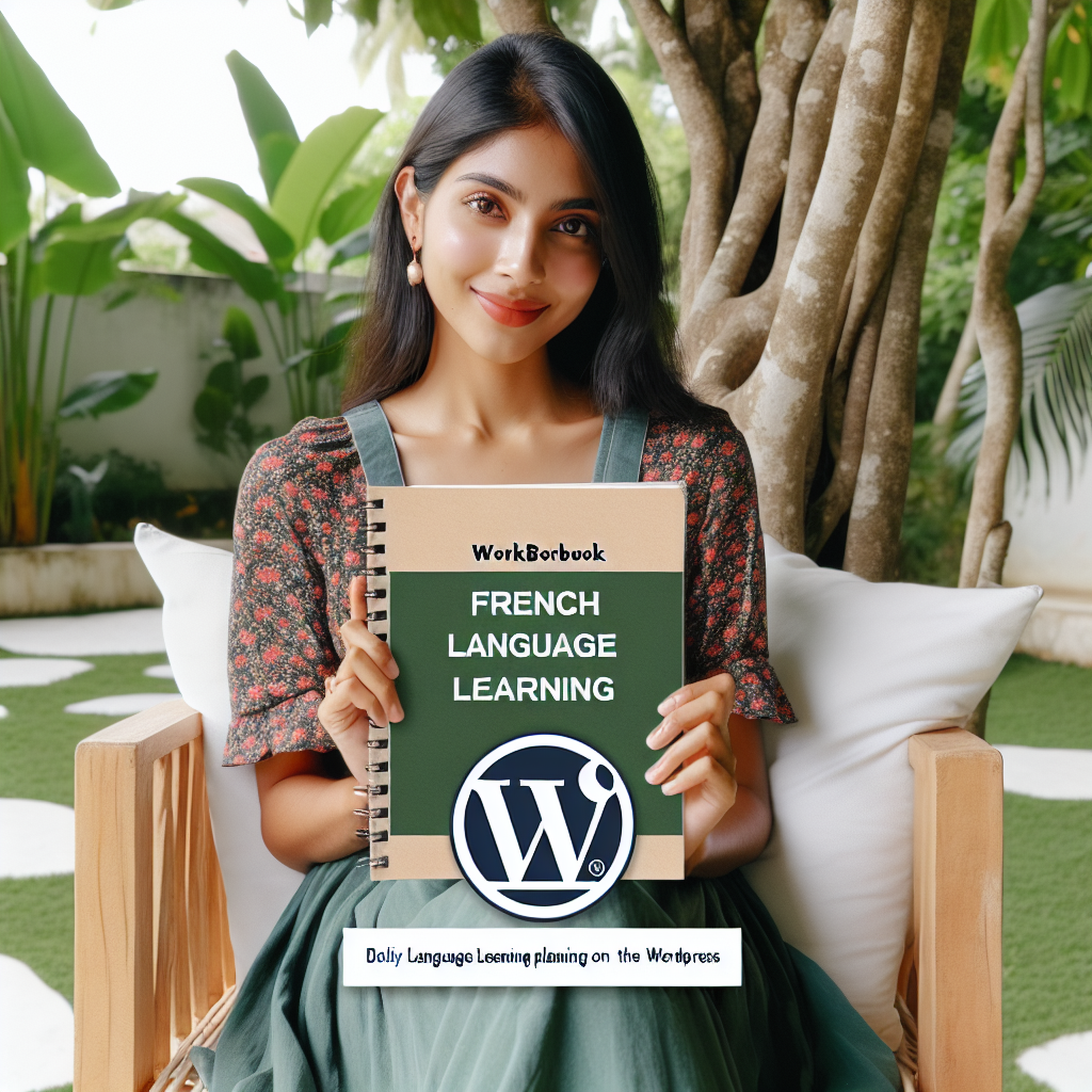 شخصی با دفترچه تمرینات و جلوه‌ی زیبا برای یادگیری زبان فرانسه