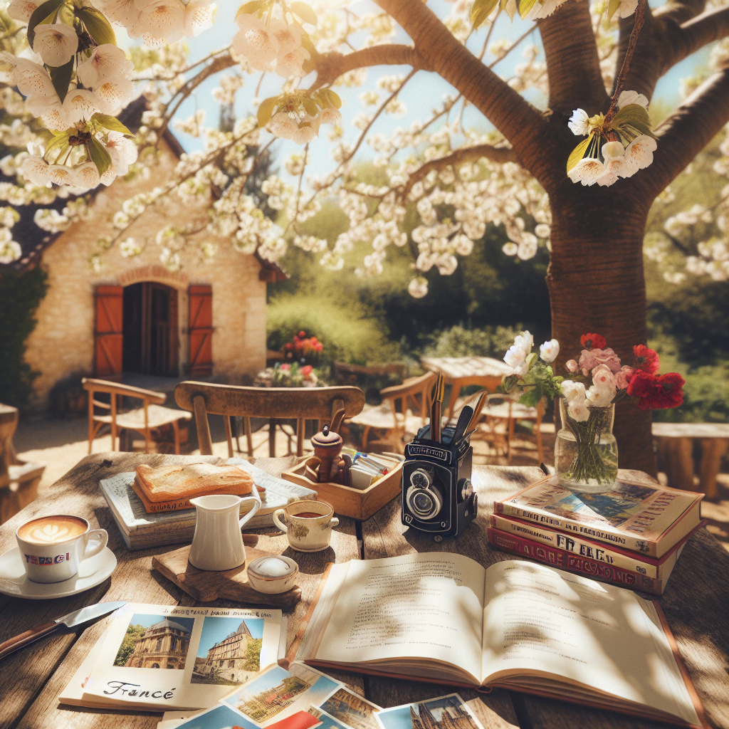 Minimal and clear image suitable for a WordPress blog article about learning French, with a setting, lighting, objects, and mood.