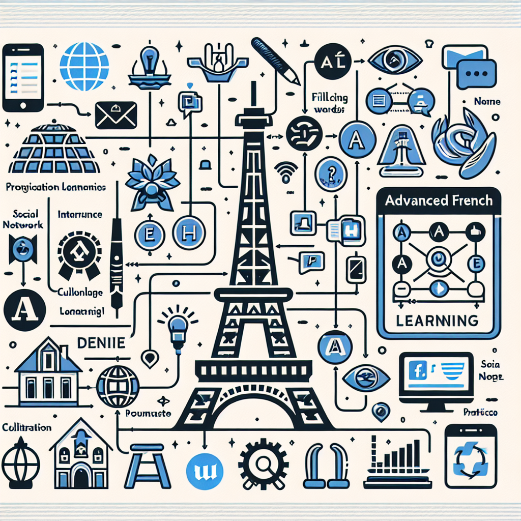 Illustration of a minimalist and clear image representing language learning apps for French, featuring interactive exercises, cultural content, and social network connections