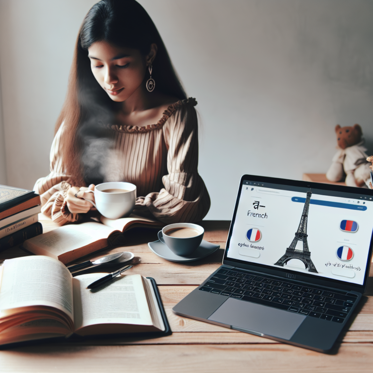 A minimalist and clear image depicting a person studying French with French books, a laptop, and a cup of coffee on a desk