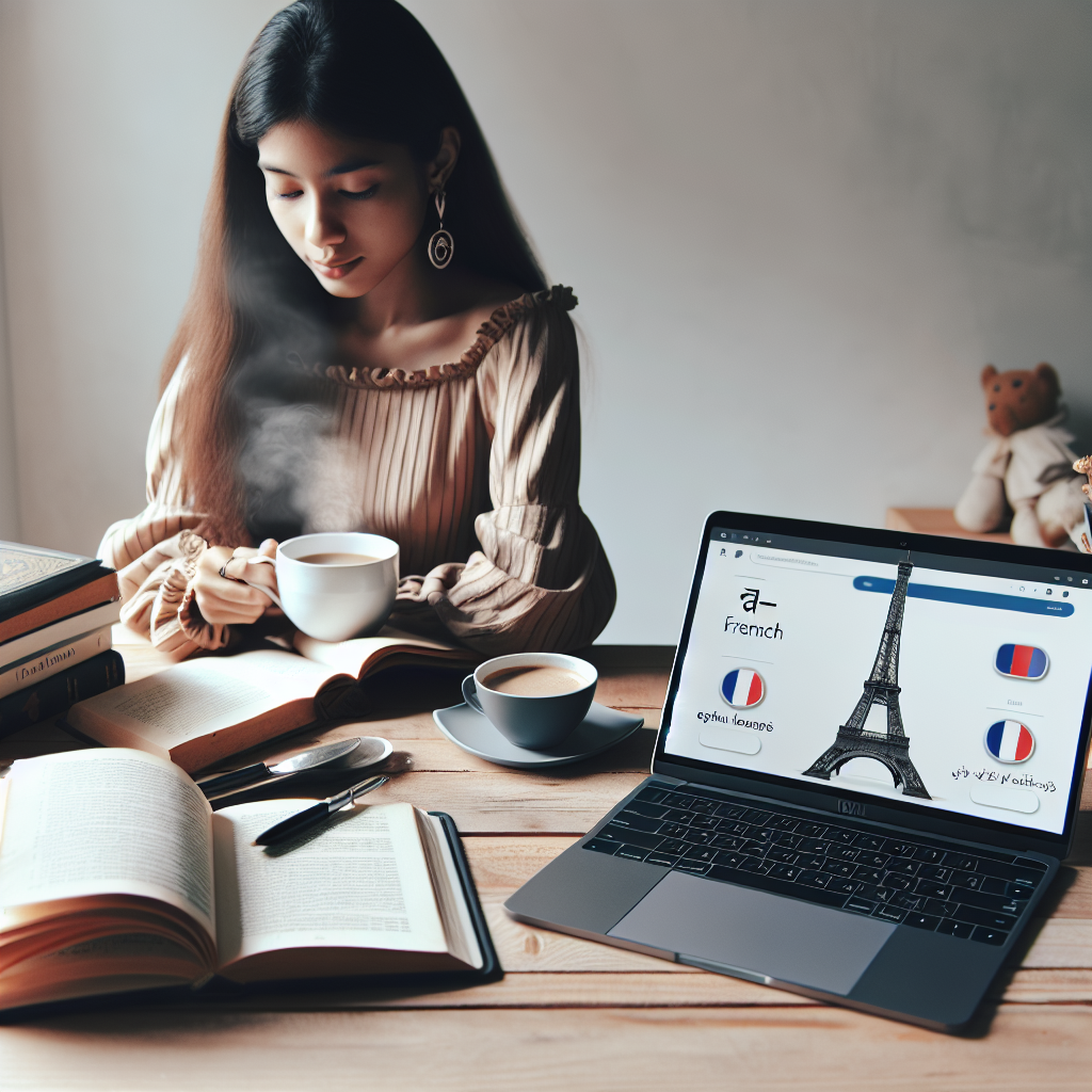 A minimalist and clear image depicting a person studying French with French books, a laptop, and a cup of coffee on a desk