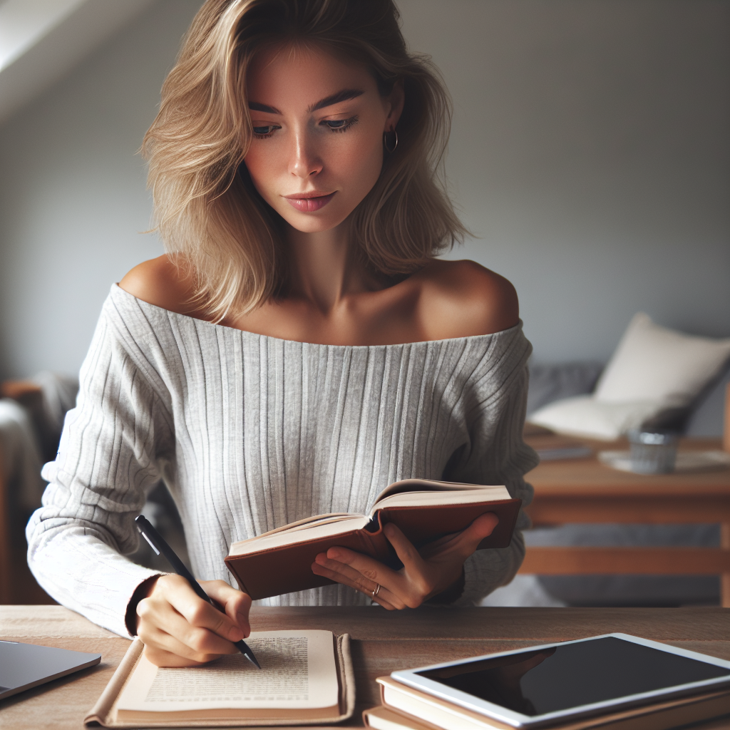 Woman studying French language at A1 level with books and digital devices