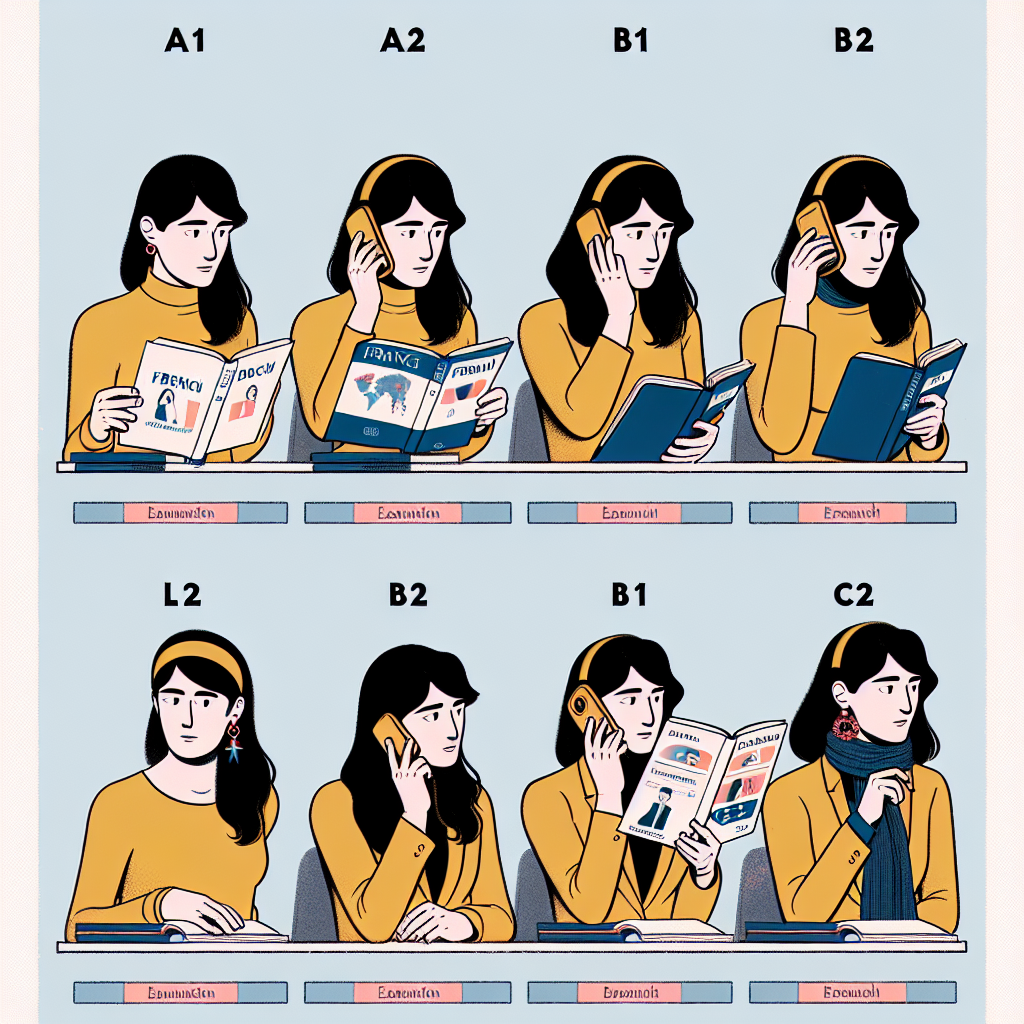 Illustration of a person progressing through different levels of French language proficiency from A1 to C2