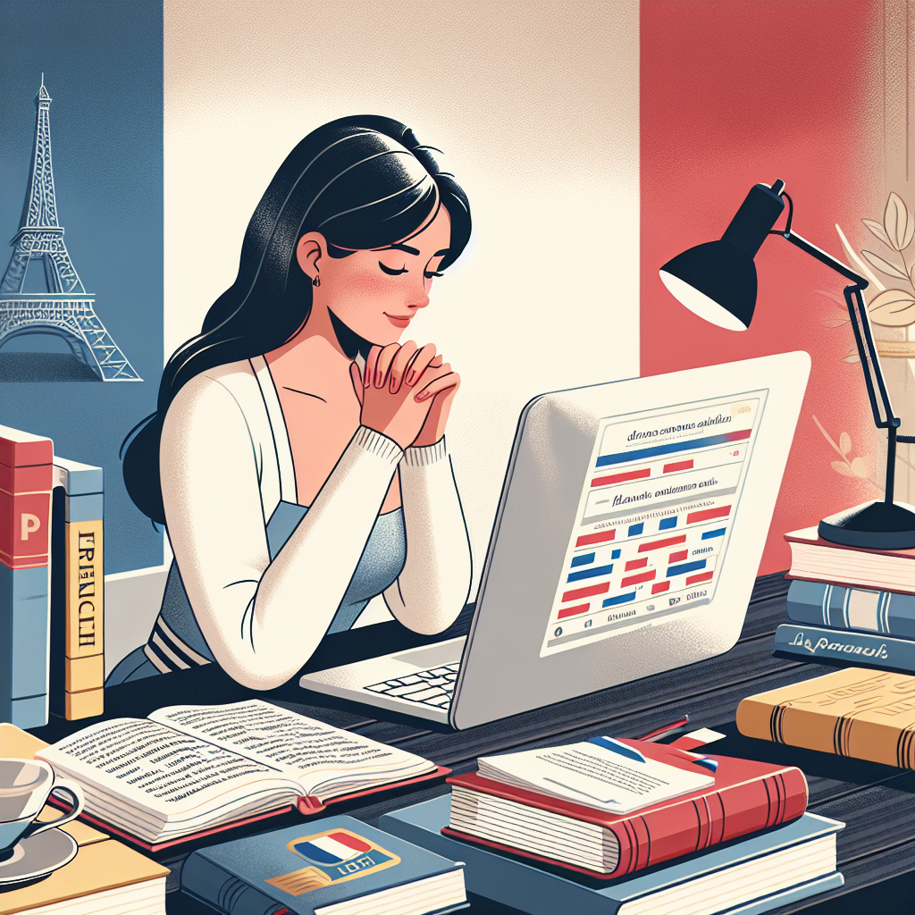 Image of a person learning French with study materials, a laptop, and a French flag in the background