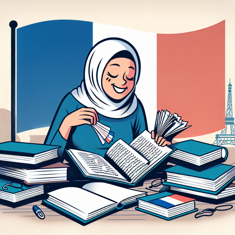 Illustration of a person studying French language with books and a French flag in the background