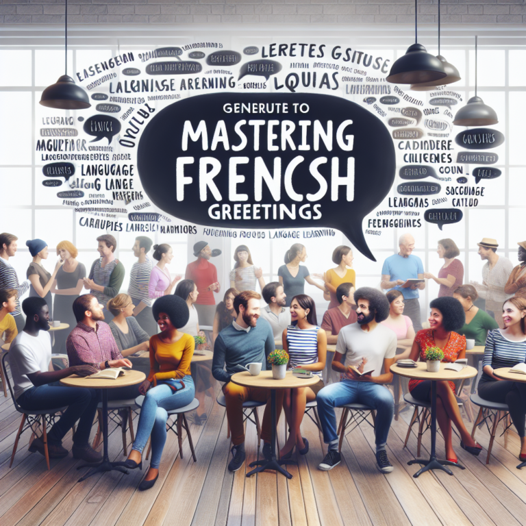 French greeting illustration featuring a diverse group of people engaged in conversations, symbolizing communication and language learning
