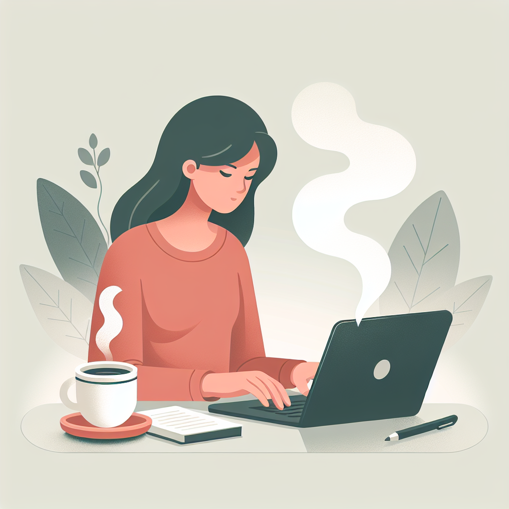 Professional blogger writing on laptop with a cup of coffee, focusing on TEF exam preparation