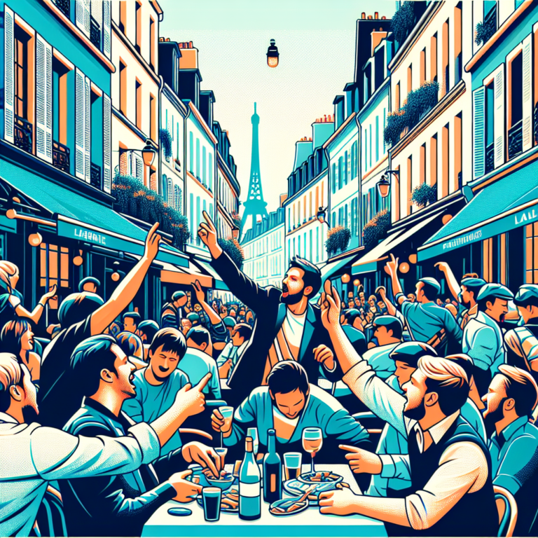 Illustration of French slang culture with various people using expressive gestures and speaking in a social setting