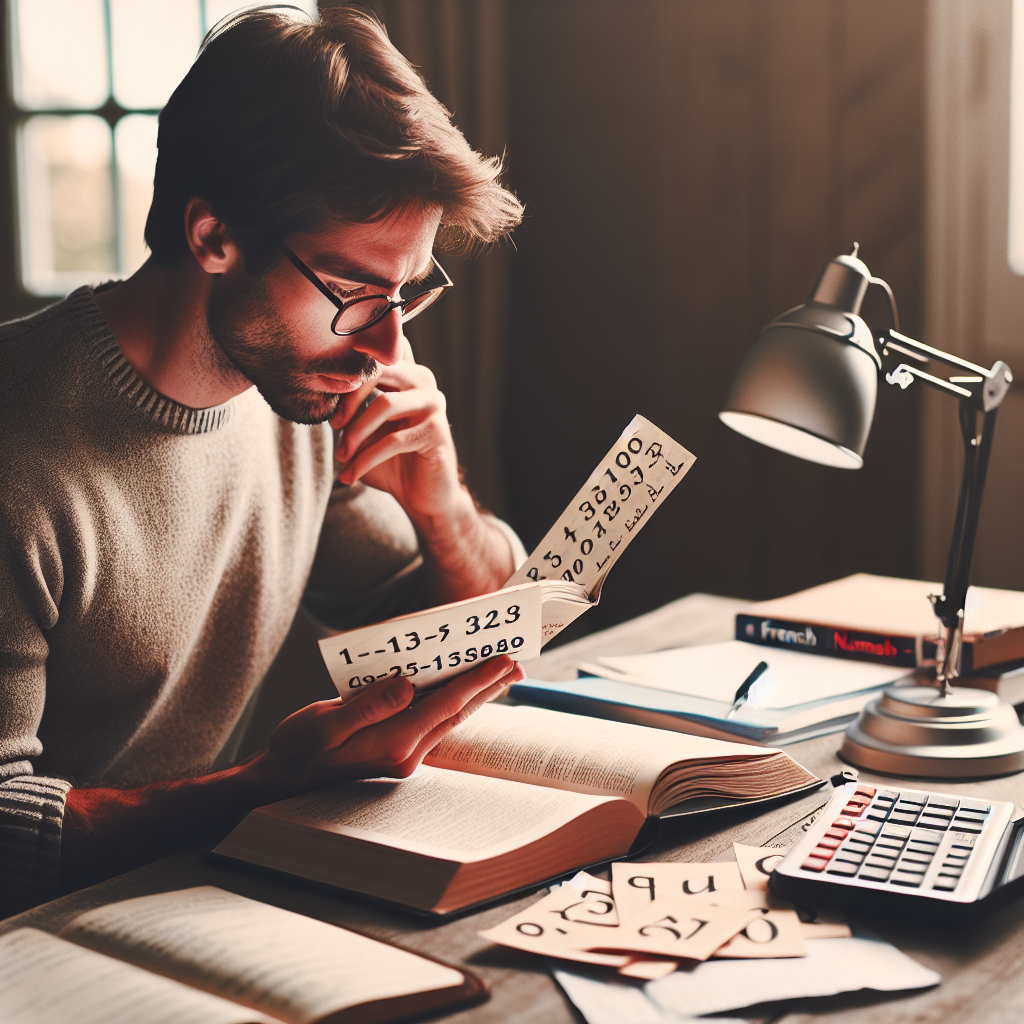 French numbers concept with a person learning and practicing numbers, surrounded by study materials and books