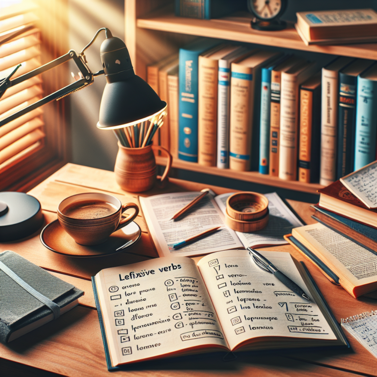 Illustration of a person studying French reflexive verbs with notes and examples