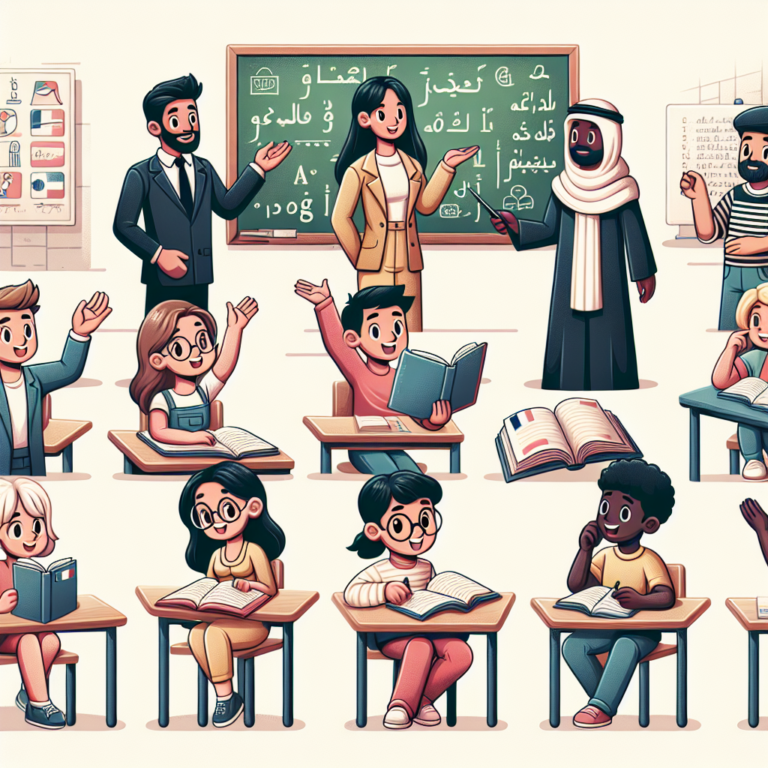Illustration of a French language learning scene with diverse animated characters interacting in a classroom setting