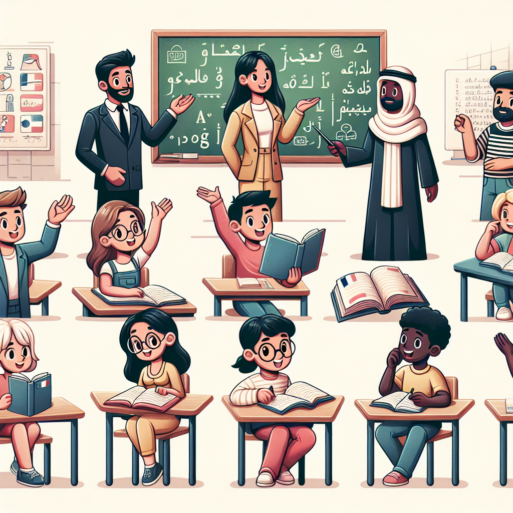 Illustration of a French language learning scene with diverse animated characters interacting in a classroom setting