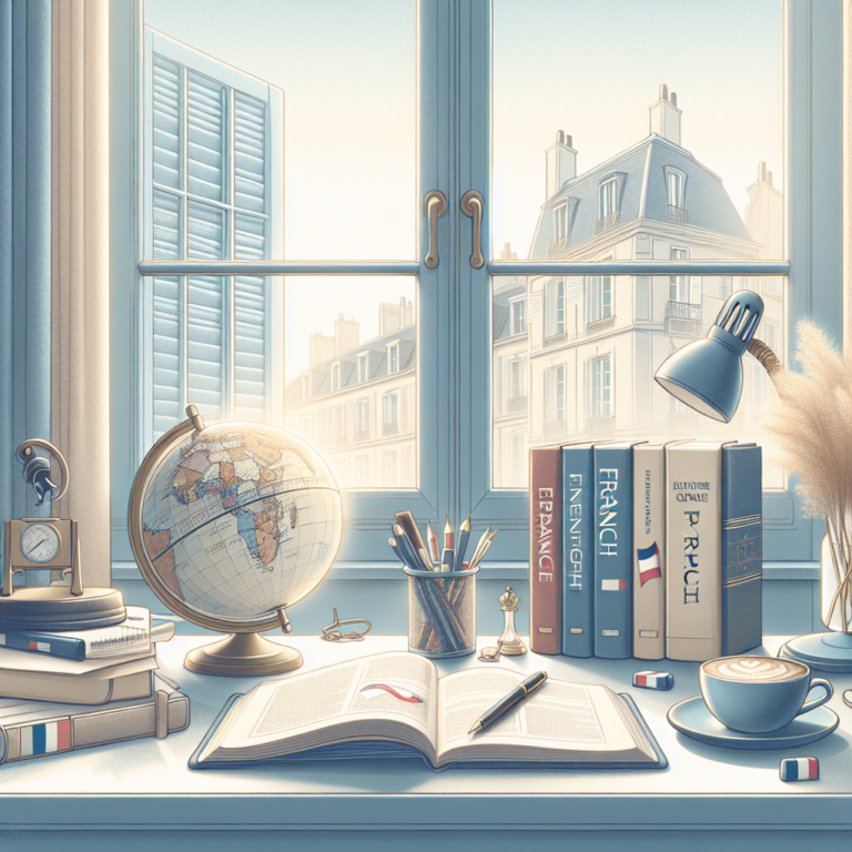 A minimalist and clear image suitable for a WordPress blog post about the benefits of learning French language, with elements like setting, lighting, objects, and mood.