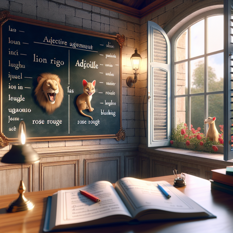 Illustration of a French language learning concept with various adjective forms in a colorful setting.