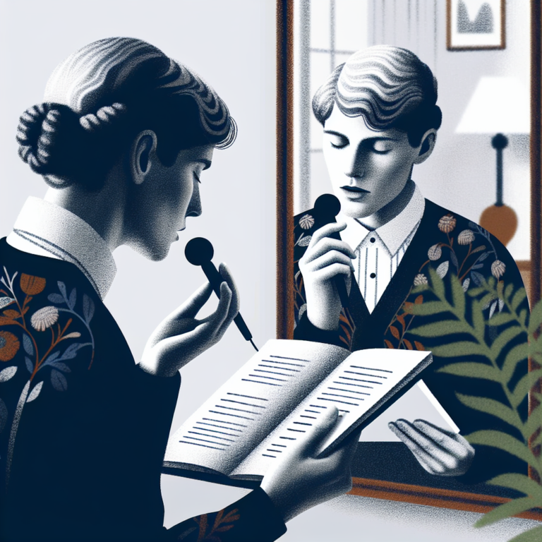 Woman practicing French pronunciation in front of a mirror