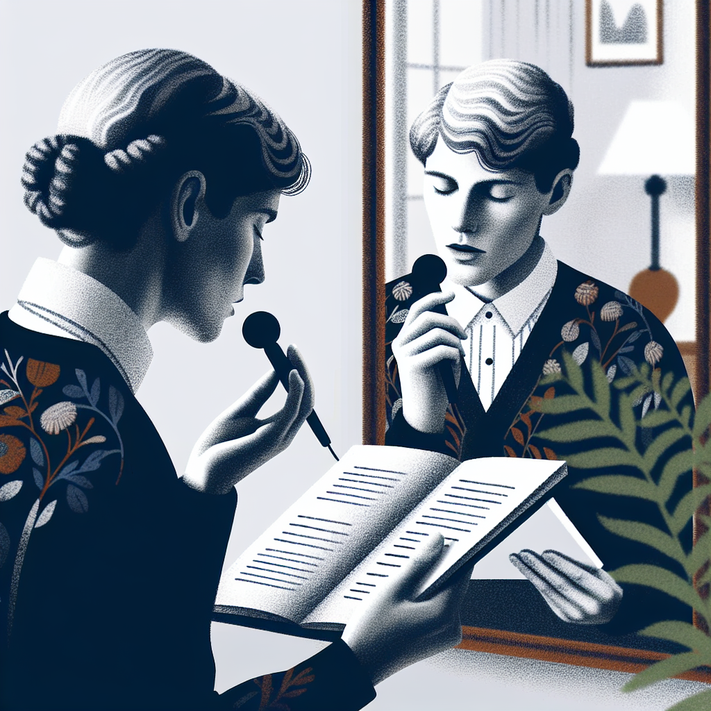 Woman practicing French pronunciation in front of a mirror