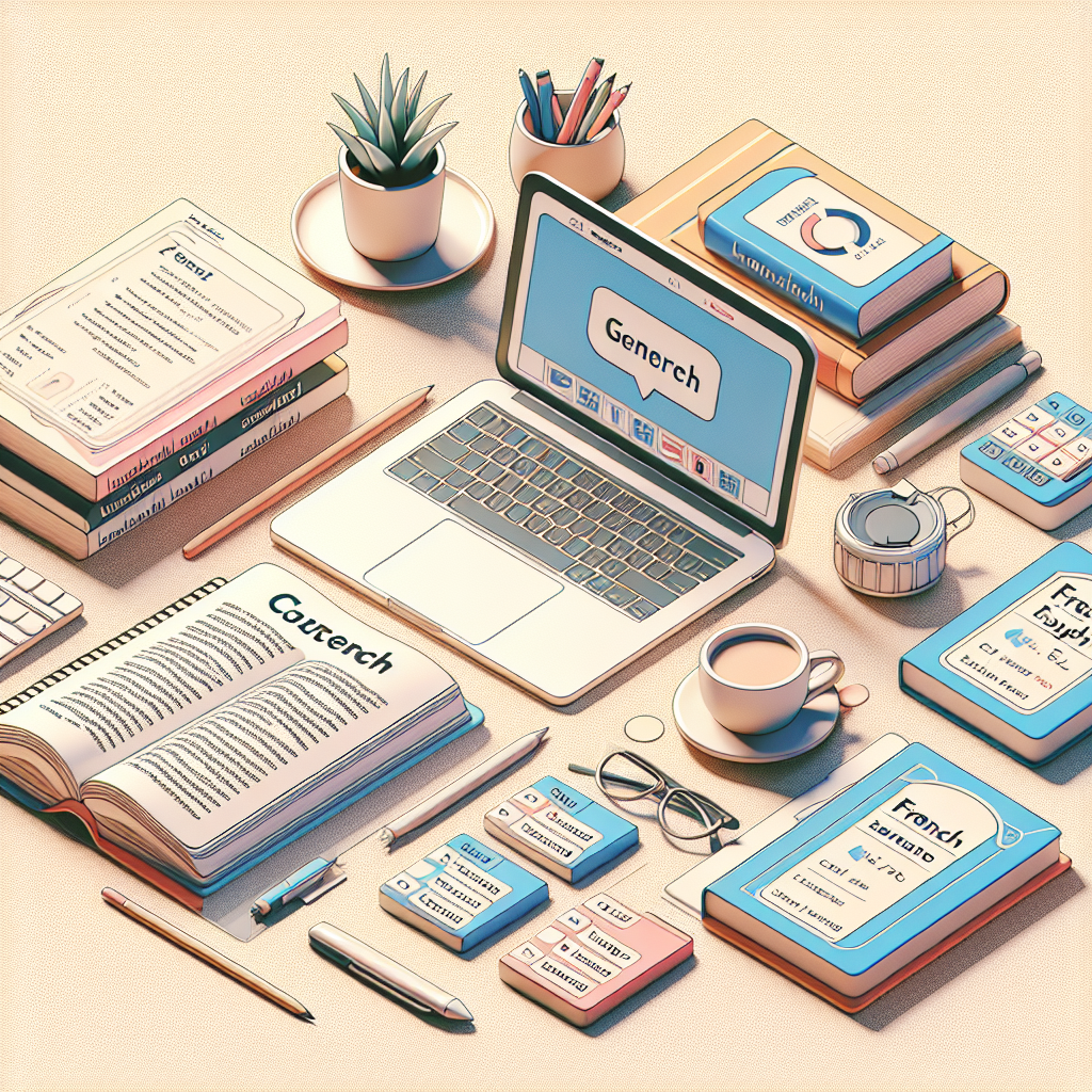 A minimal and clear image depicting a study environment with French study materials and a laptop