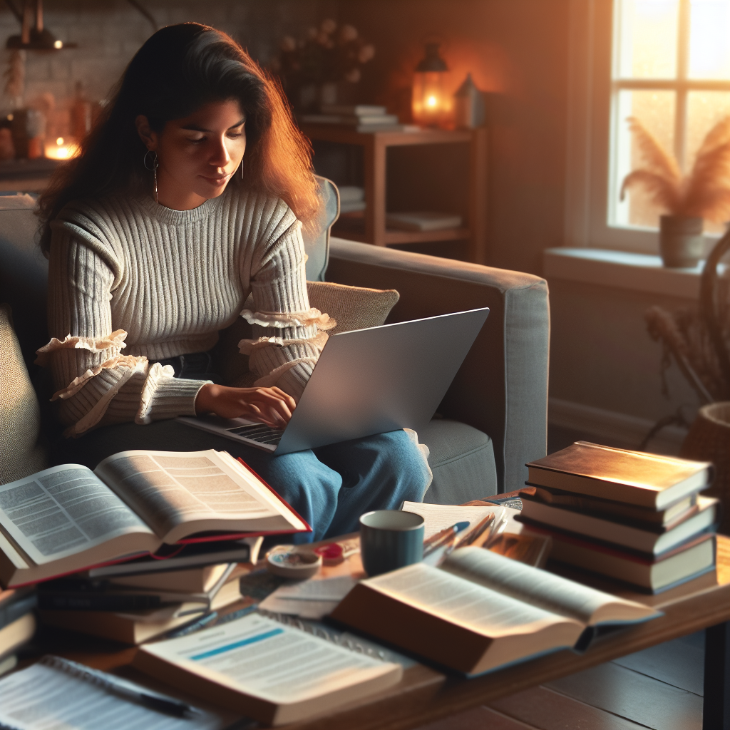 Illustration of a person studying French conditional sentences with books and a laptop