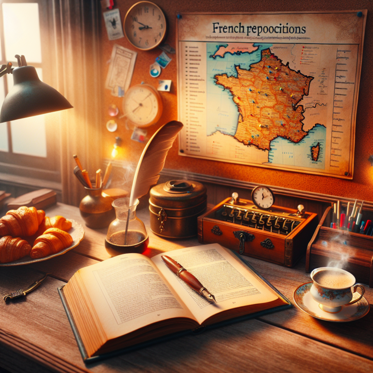 Illustration of a person studying French prepositions with various examples and usage in different contexts.