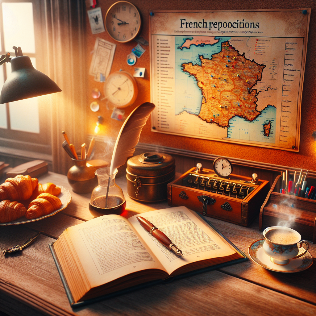 Illustration of a person studying French prepositions with various examples and usage in different contexts.