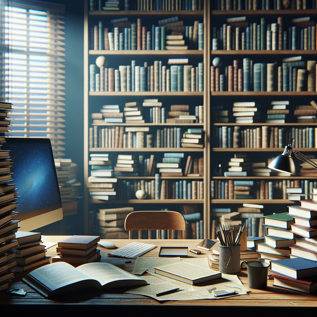 Scene depicting a study room with a bookshelf, a desk, and a lamp representing learning and education