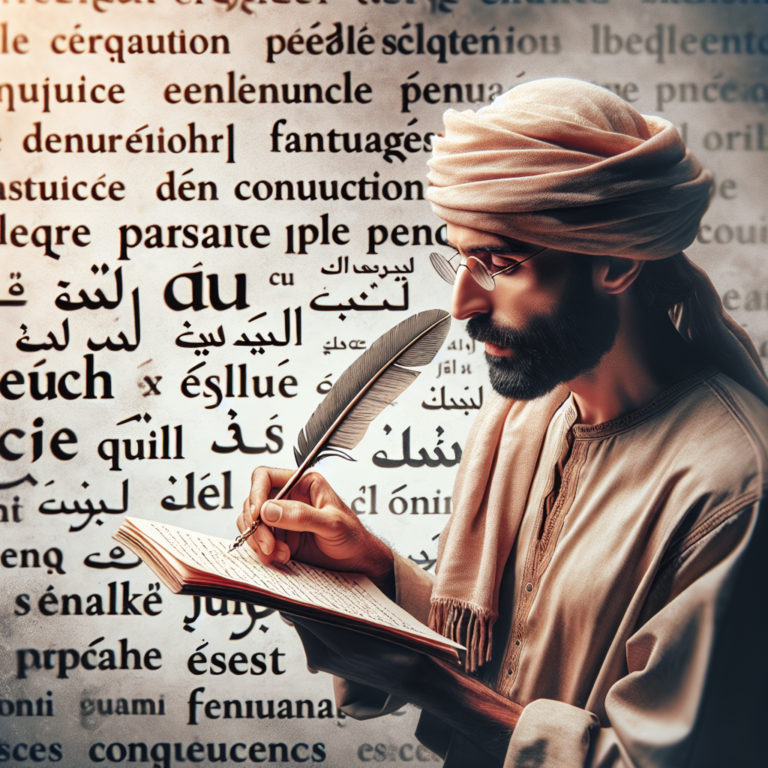 Illustration of a person writing with French conjunctions in the background