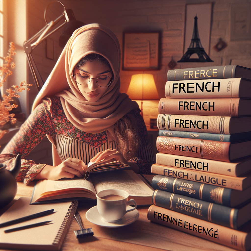 Person studying French language books with a cup of coffee