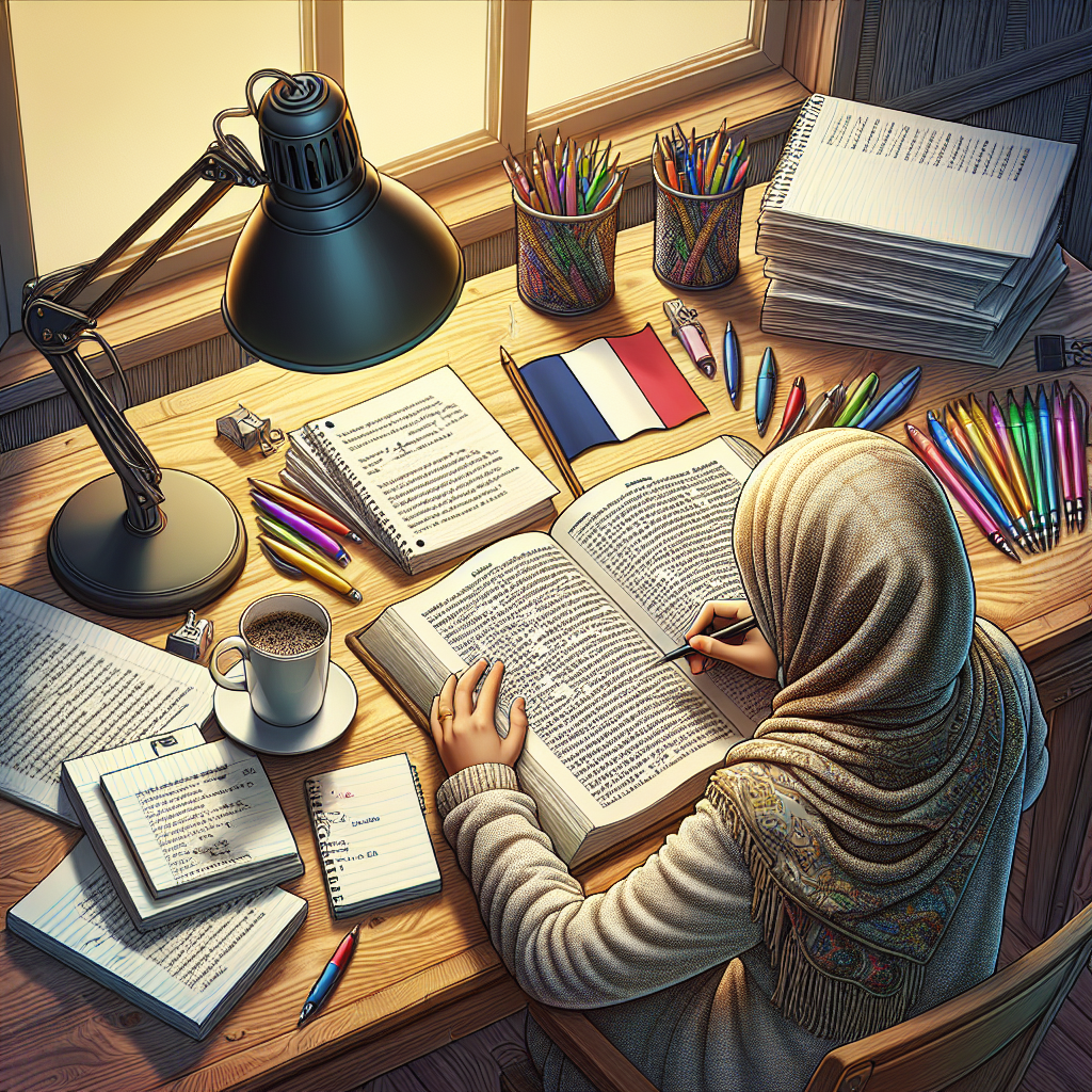 A minimalist and clear illustration of someone studying French grammar with books and a French flag on the table.