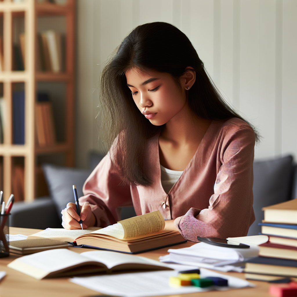Young woman studying French language with books and notes on table