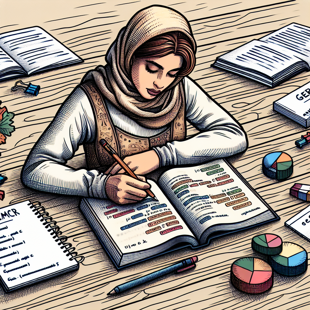 Illustration of a person studying French grammar with books and notes