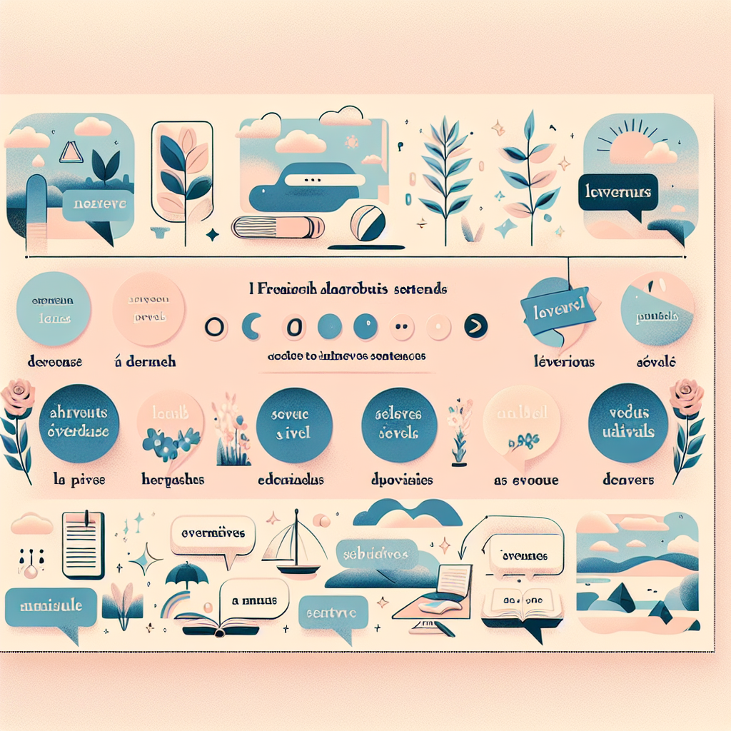 Illustration showing various French adverbs in sentences to enhance language skills