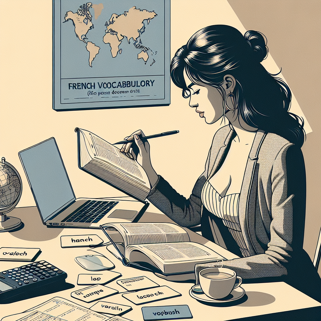 Illustration of a person studying French vocabulary for the TEF exam