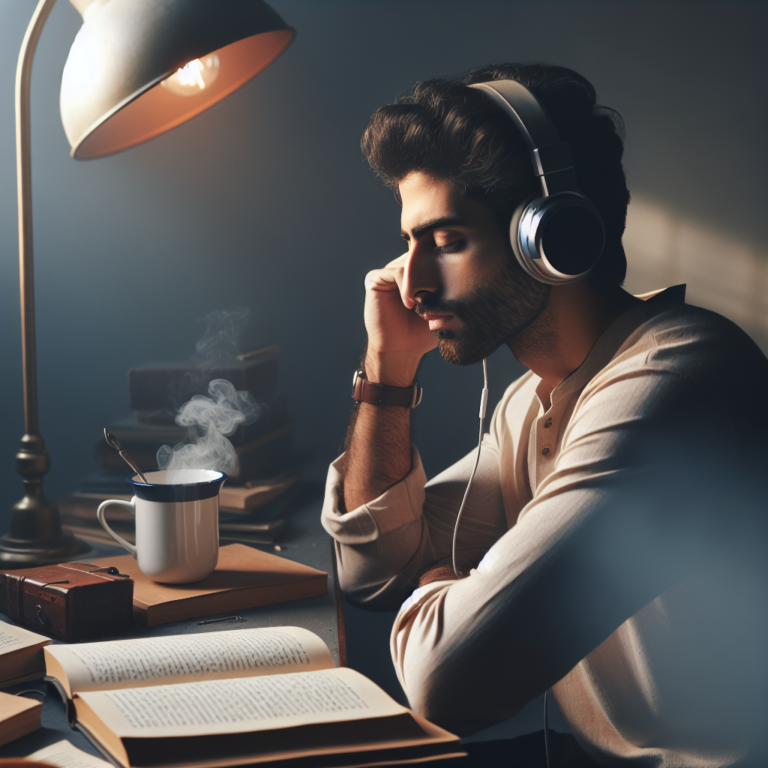 Illustration of a person listening to French language podcasts with headphones, while reading a book. The image represents language learning and listening skills improvement for the TEF exam preparation.