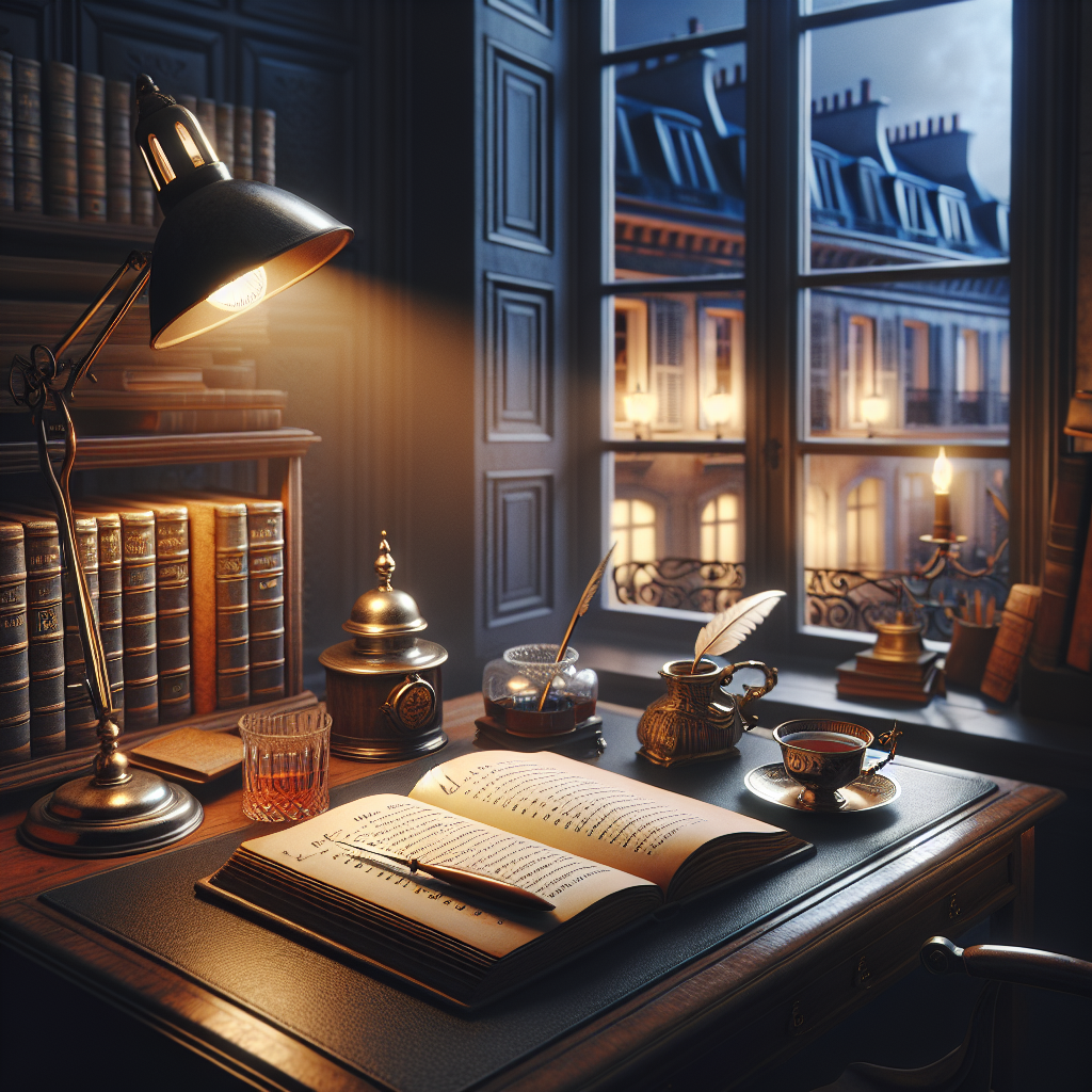 Illustration of a person writing in a notebook with French language text on a desk