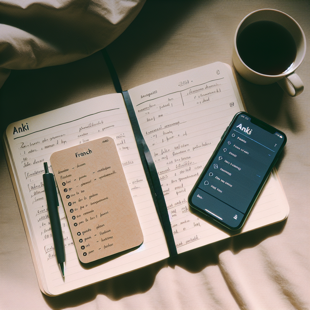 An elegant and minimalist image representing the concept of language learning with Anki method for French, with light pastel colors and French-themed elements.