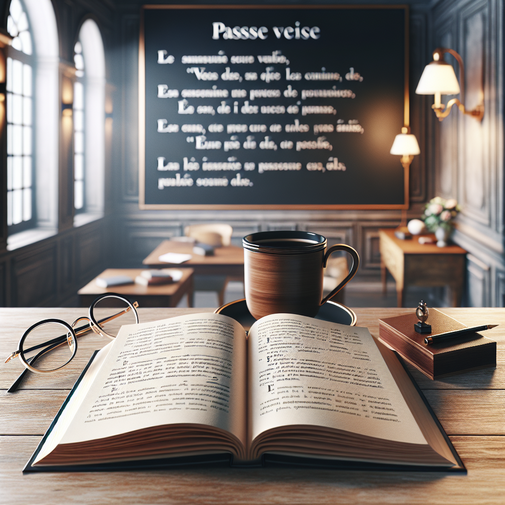 Illustration of structured French grammar lesson on passive voice with examples and explanation