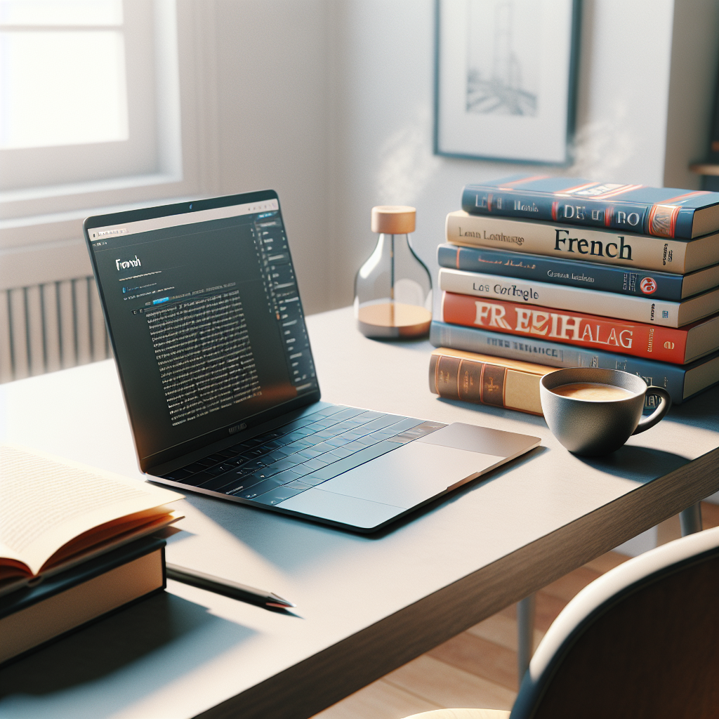 Modern workspace with French language textbooks, laptop, and a cup of coffee