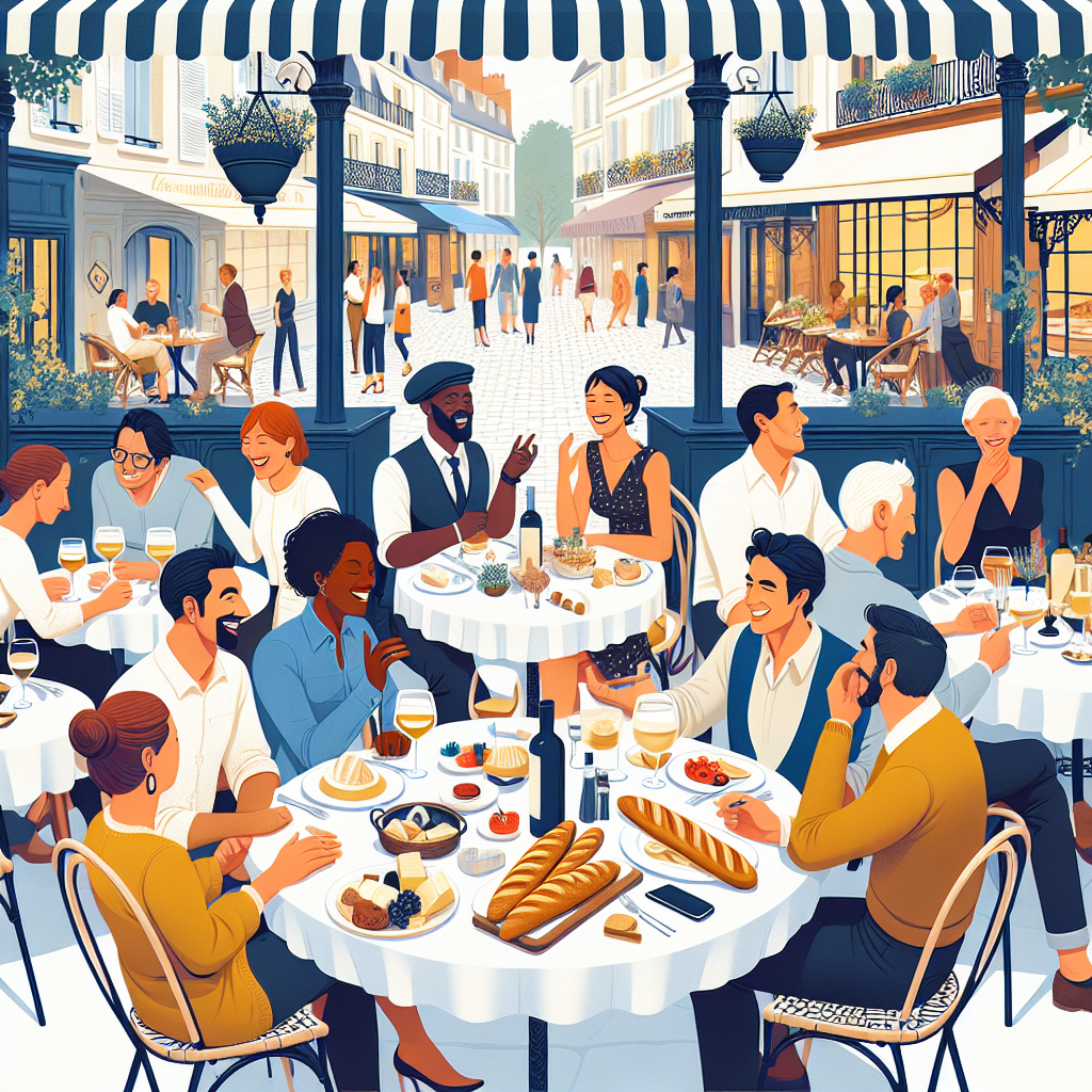 People having a conversation in a French restaurant setting