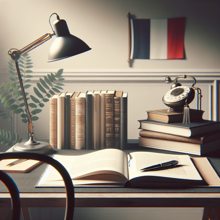 French language learning concept with open book, pen, and French flag on a table