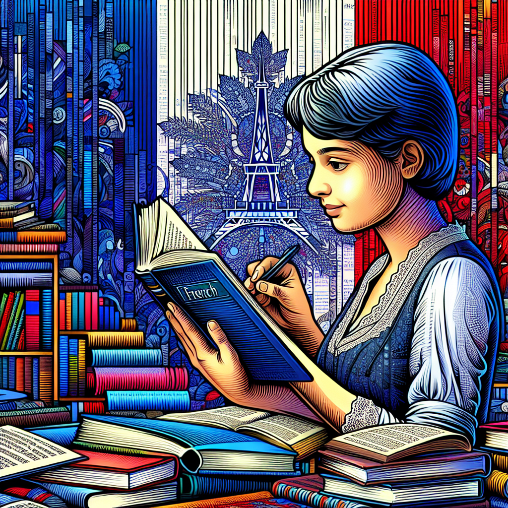French language learning concept with books and a French flag