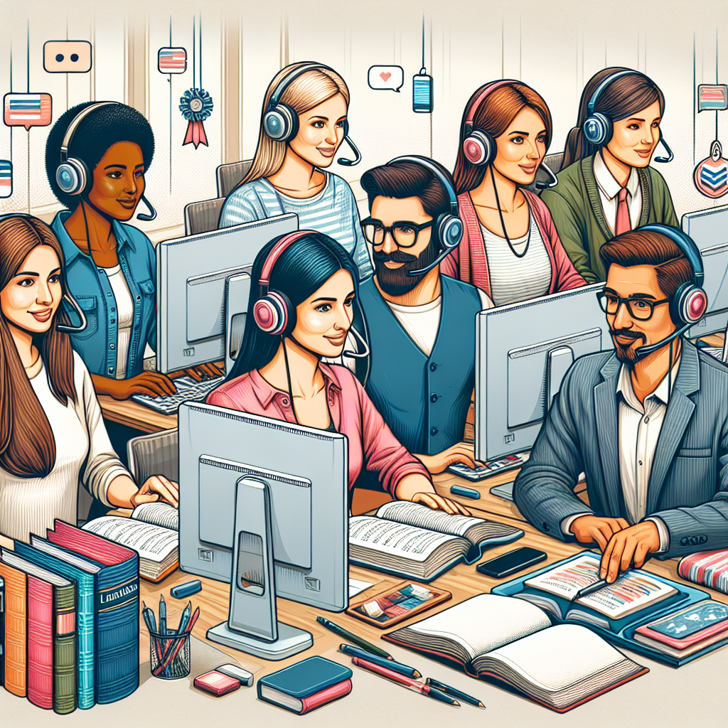 Illustration of a diverse group of language learners receiving support during an online course