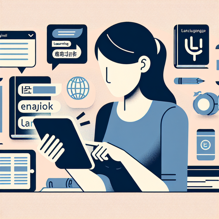 Illustration of a person using a language learning app on a phone, with various language learning resources in the background