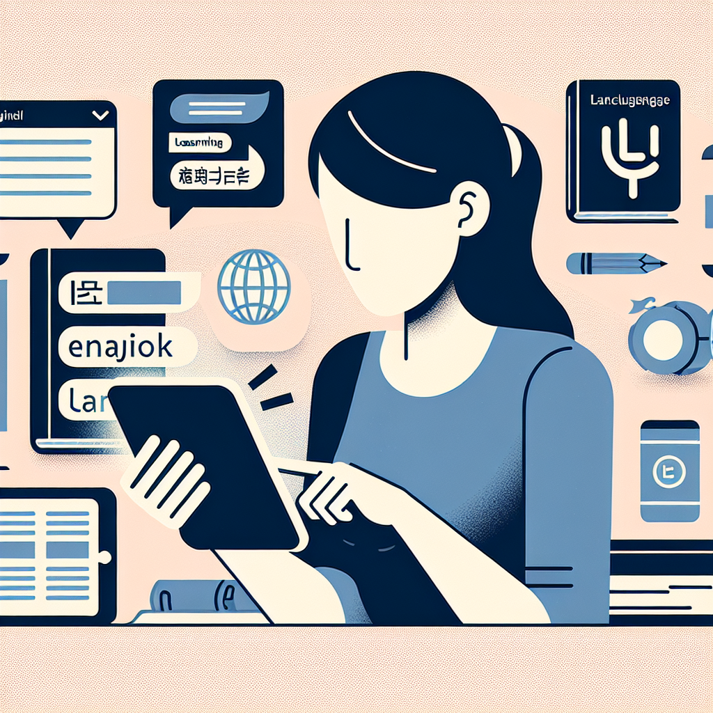 Illustration of a person using a language learning app on a phone, with various language learning resources in the background