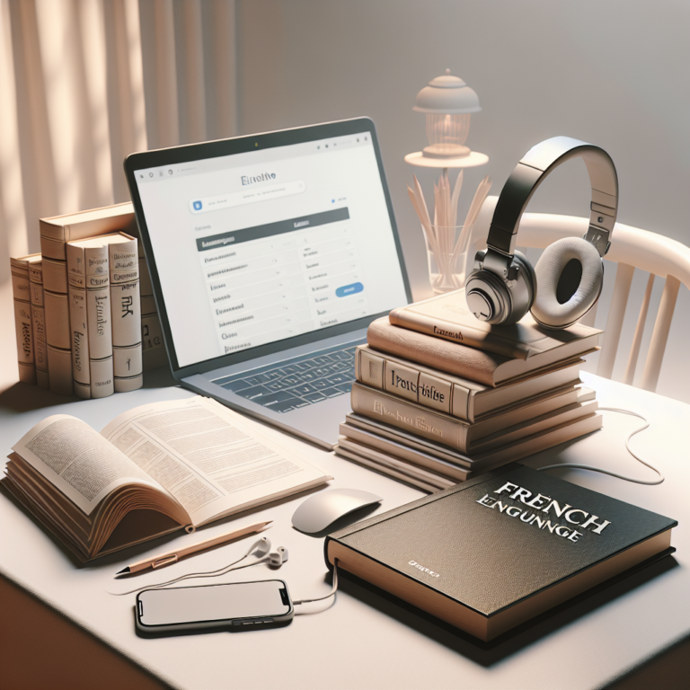French language learning concept with books, headphones, and a laptop