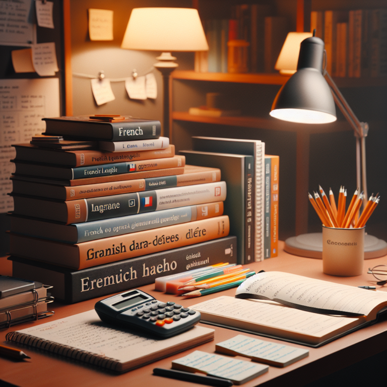 French language study materials on a desk
