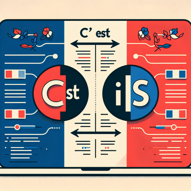 Illustration of a person studying French grammar with illustrations of 'c'est' and 'il est'